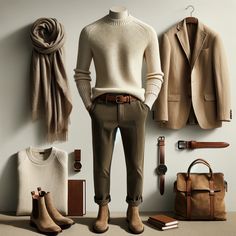 Here's a visual representation of your spring outfit centered around a cream cashmere crewneck sweater and dark olive Jodhpurs, complemented by tan suede Chelsea boots. The ensemble might also feature a lightweight, unstructured blazer in soft beige or taupe for cooler days, accessorized with a brown or tan leather belt, a simple elegant watch, and a lightweight scarf in a complementary color. This outfit combines natural tones and textures, creating a stylish and comfortable choice for the spring season, all set against a minimalist background to emphasize the polished and cohesive appearance. Tan Suede Boots Outfit Men, Beige Mens Outfits, Dark Brown Chelsea Boots Men Outfit, Tan Sweater Outfit Men, Dark Brown Chelsea Boots Outfit, Unstructured Blazer Men, Taupe Suede Boots Outfit, Khaki Boots Outfit, Stylish Men Outfits Casual