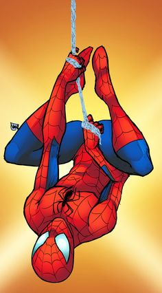 a spider man hanging upside down on a rope with his hands in the air and eyes open