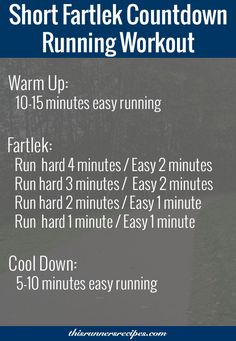 the long fartlek workout for running is shown in blue and white, with instructions to