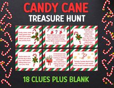 the candy cane treasure hunt is on display in front of a blackboard with candy canes