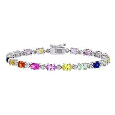 "Decorated with an array of vibrant, lab-created sapphires, this Stella Grace tennis bracelet is a colorful accent to your wardrobe. Decorated with an array of vibrant, lab-created sapphires, this Stella Grace tennis bracelet is a colorful accent to your wardrobe. Length: 7 in. Metal: sterling silver Plating: rhodium Finish: polished Packaging: boxedSTONE DETAILS Stone type: lab-created sapphire, lab-created pink sapphire, lab-created white sapphire, lab-created green sapphire, lab-created orang Sapphire Tennis Bracelet, Color Lab, Orange Sapphire, Green Sapphire, Bracelet Clasps, Yellow Sapphire, White Sapphire, Tennis Bracelet, Pink Sapphire