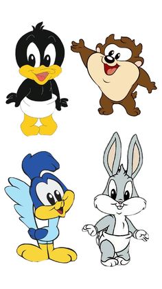 four cartoon animals with different colors and sizes on their faces, including one penguin, the other