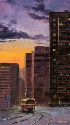 a painting of a trolley car in front of tall buildings at dusk with the sun going down