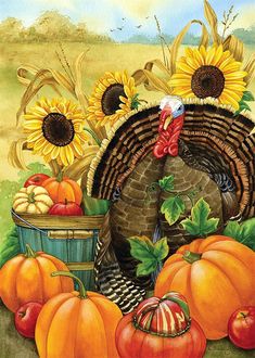 a painting of a turkey surrounded by pumpkins and sunflowers