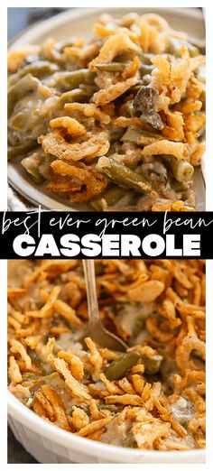 green bean casserole in a white bowl with a spoon and title above it