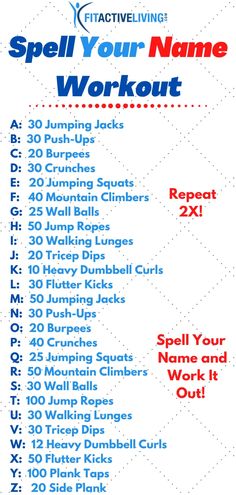 a poster with the words spell your name workout