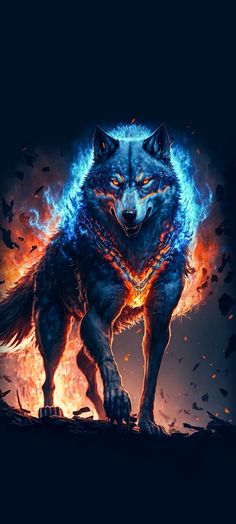 a wolf standing in the middle of a fire filled field with birds flying around it