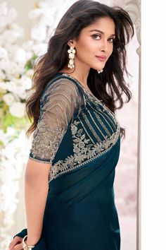 Blue Georgette Saree, Net Blouse, Net Blouses, Scalloped Border, Embroidered Saree, Embroidered Border, Teal Fabric, Sequins Embroidery