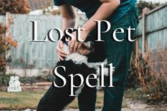 a person petting a black and white dog on top of a sidewalk with the words lost pet spell above it