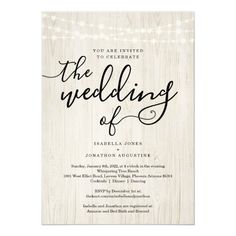 the wedding of is written in black ink on a white wood background with string lights