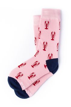 Get your seafood fix with our Lobsters socks. These crustacean-laden socks feature red lobsters atop a pink background and navy heel. Navy Heels, Red Lobster, Pink Background, Socks Women, Socks, Navy, Heels, Red, Pink