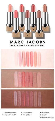 We swatched the shade range of Marc Jacobs Beauty  New Nudes Sheer Lip Gels on various skin tones. Which caught your eye? #Sephora #swatches #lipstick Gel Lipstick, Marc Jacobs Beauty, Lip Colour, Love Makeup, All Things Beauty, Beautiful Makeup