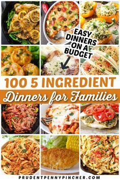 a collage of images with the words, 100 5 ingredient dinners for families