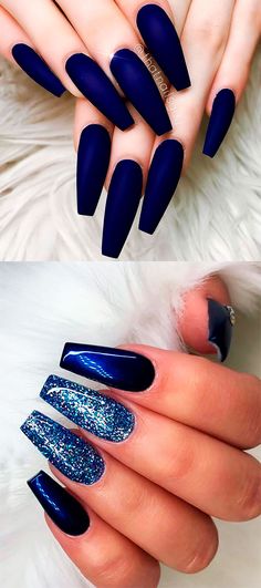 Dark Blue Nail Ideas Acrylic Coffin, Navy Blue Nails Acrylic Coffin Long, Matte Navy Blue Nails Coffin, Dark Blue Acrylic Nails Glitter, Coffin Royal Blue Nails, Royal Blue Ombre Nails Coffin, Navy Coffin Nails, Dark Color Nail Ideas, Royal Blue Nails Designs Coffin Glitter