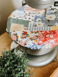 a green plant sitting on top of a table next to a metal bowl filled with flowers