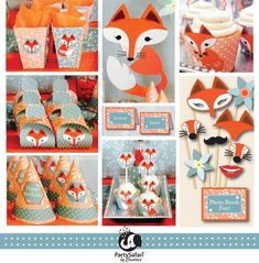 a collage of fox themed items including cupcakes and cake