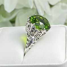 Simulated Green Peridot Ring King Design#123 Custom Made This is a brand new Gothic/Renaissance inspired solid sterling silver filigree ring. This stunning ring is set with a 12ct simulated green peridot gemstone. The round cut gemstone is 15mm (9/16th of an inch) in diameter. The inside of the band is marked 925 for sterling. Notice the beautiful intricate Gothic claw and swirl like designs of the silver filigree setting and band. This is a lovely new, well made, and charming ring; and it is re Green Gemstone Filigree Ring, Green Gemstone Filigree Ring For May Birthstone, Green Filigree Ring For May Birthstone, Filigree May Birthstone Ring, May Birthstone Filigree Rings, Classic Green Filigree Ring With Intricate Design, Classic Green Filigree Ring, Classic Green Filigree Round Ring, Green Filigree Rings For Formal Occasions