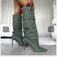 Stan Khaki Canvas Cargo Stiletto Boots | Simmi London Fitted Ankle Strap Boots For Fall, Green Fitted High Heel Knee-high Boots, Cargo Boots, Simmi Shoes, Cole Haan Boots, Cowboy Shoes, Black Leather Boots Tall, Weekend Outfits, Black Suede Ankle Boots