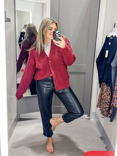 fall outfit from target: cranberry cardigan, faux leather pants Denim Button Down