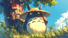 an animated image of a totoro in the grass near a tree and street sign