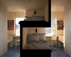 two bunk beds in a small room with blue carpet and white walls on the other side