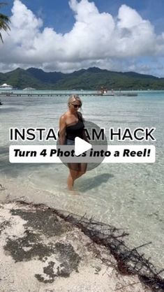 a woman walking into the ocean with a surfboard in her hand and text instagram hack turn 4 photos into a real