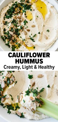 two plates with hummus, celery, and mushrooms on them next to each other