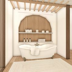 a white bath tub sitting next to a wooden shelf