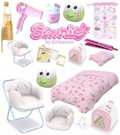 the contents of a doll's bedroom are shown in pink and white