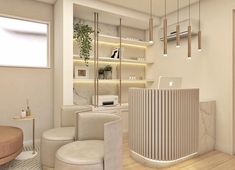 the interior of an office with white walls and wood flooring is furnished with modern furniture