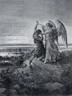 an angel standing next to a man on top of a hill