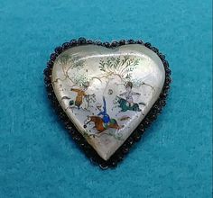 "Antique victorian hand carved mother of pearl heart shape brooch pin with silver flower around it and hand painted scene very unique and different in good antique condition with oxidized silver measures 1.75\" x 1.75\" width an awesome piece to add in your collection." Victorian Hand, Vintage Moon, Carved Heart, Wide Cuff Bracelets, Pearl Heart, Heart Hands, Wide Cuff, Oxidized Silver, Silver Flowers