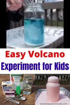 an easy volcano experiment for kids to make with water and baking ingredients on the table