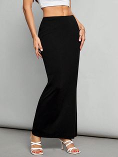 Women's Solid Color Casual Knitted High Waist Skirt Black Elegant   Knitted Fabric Plain Pencil High Stretch  Women Clothing, size features are:Bust: ,Length: ,Sleeve Length: Black Bodycon Skirt, Bodycon Maxi Skirt, Women Skirts, Fashion Tights, Body Con Skirt, Tall Women, Streetwear Outfits, Knee Length Skirt, Kids Sleepwear