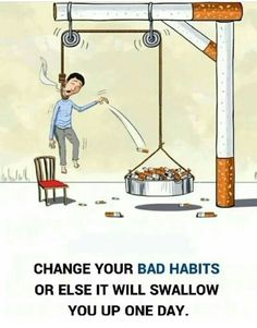 an image of a man hanging on to a bar that says, change your bad habitts or else it will swallow you up one day