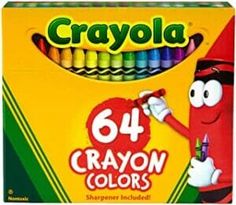 a box of crayons with the caption 64 crayon colors on it