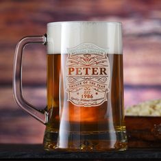 a beer mug sitting on top of a table