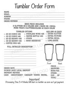 the tumbler order form is shown in black and white, with instructions for how to use