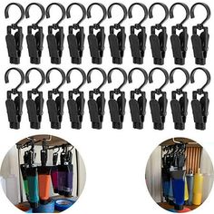 12 pairs of black plastic clippers with handles for umbrellas and other things on display