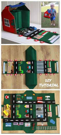 the instructions to make a paper house with cars and houses on it, as well as pictures