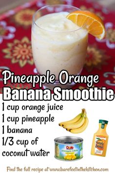 a banana smoothie with oranges and bananas on the side