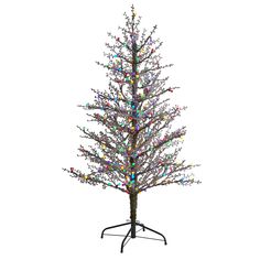 an artificial christmas tree with multicolored lights on it's branches and stand