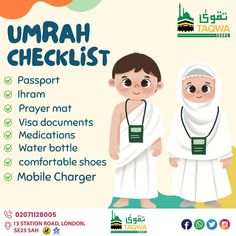 the poster for umrah checklist shows two children in white robes and green headscarves