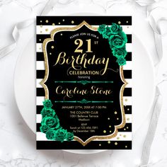 a black and white striped birthday party with gold foil roses on the front, green flowers on the back