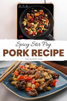 A spicy stir-fry pork recipe featuring tender pork slices, colorful vegetables, and a bold, savory sauce, served hot over steamed rice for a quick and flavorful meal.