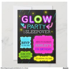 glow party sleepover birthday card with neon colors on the front and back, in black