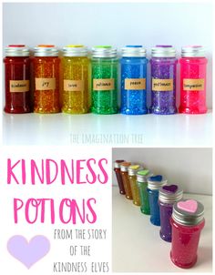 a collage of different colored jars with labels on them and the words, kindness pots from the story of the kindness elves