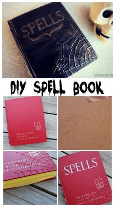 four different pictures with the words diy spell book written in black and red on them