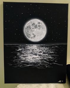 a black and white painting of a full moon over the ocean at night with stars in the sky