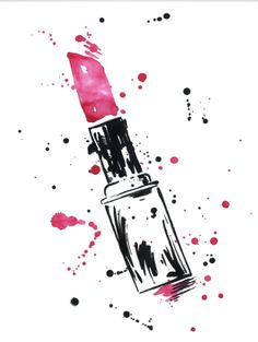 watercolor lipstick on white paper with pink and black ink splats in the background